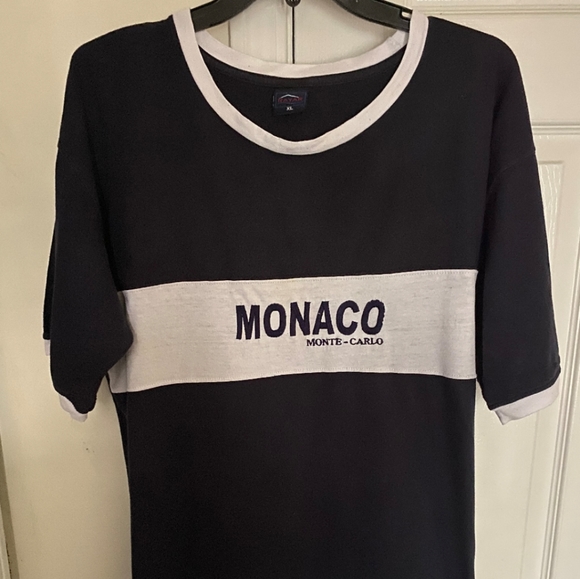 Monaco Monte Carlo Vintage 90's Heathered Ringer Stitched Blue & White T-Shirt - Picture 1 of 7